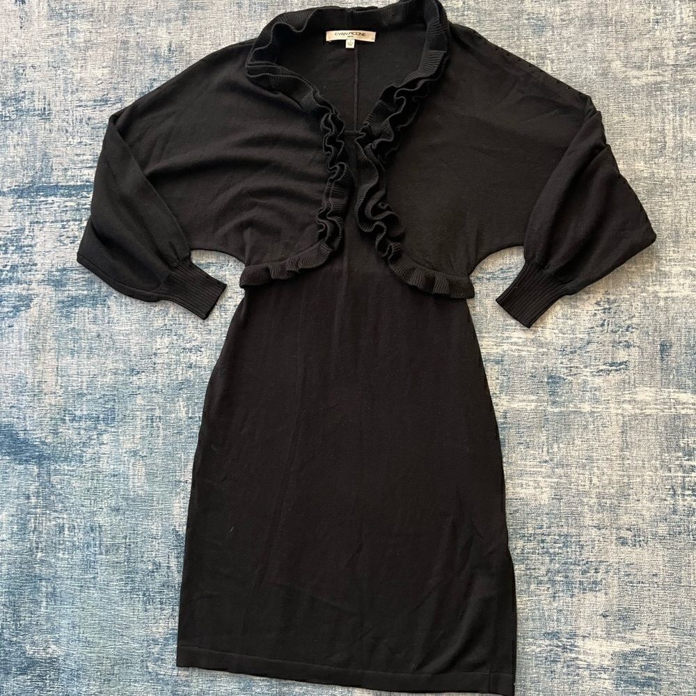 NWT! Evan Picone Ruffle Black Dress w Long Dolman Style Sleeves Small